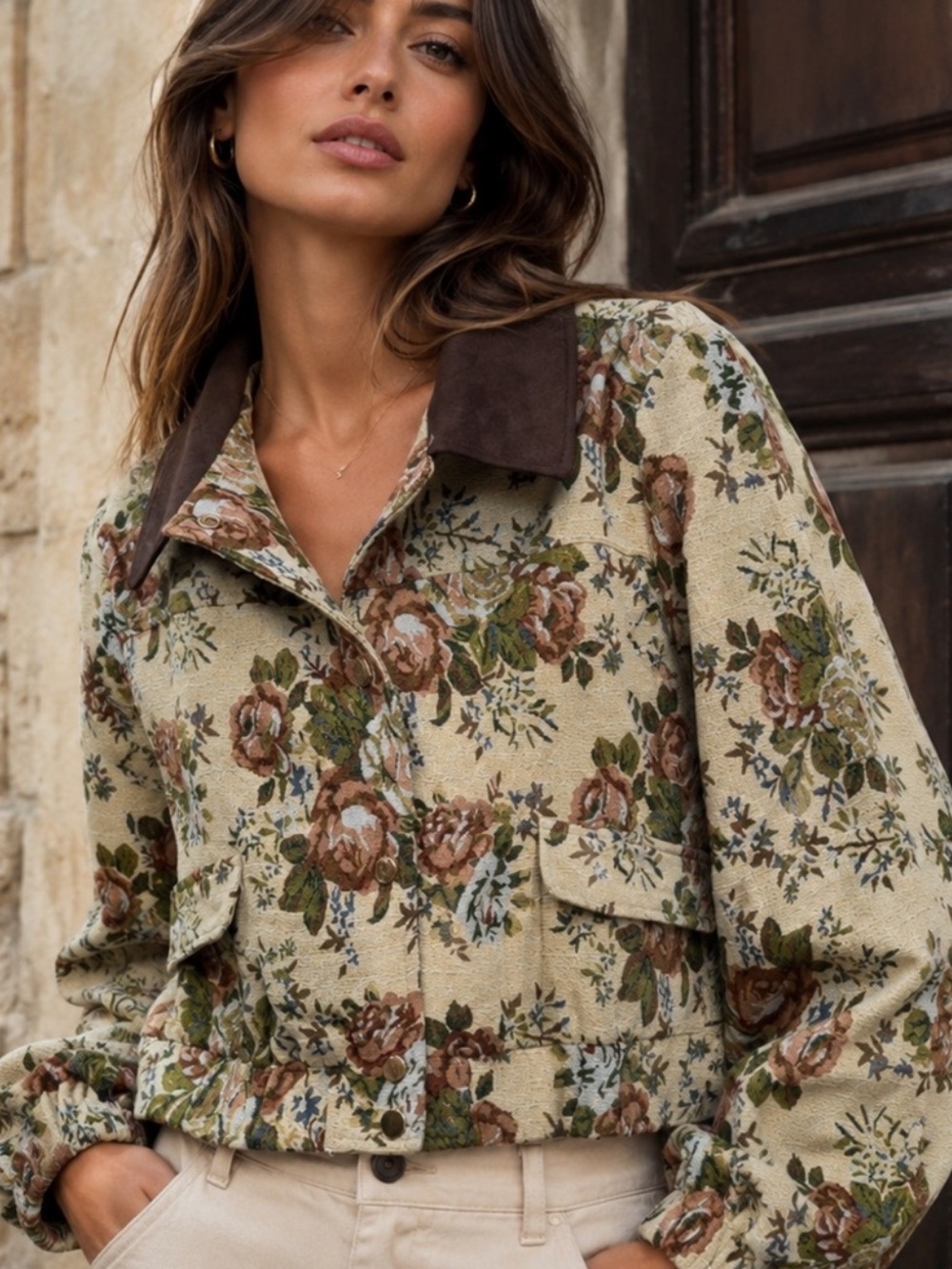 Floral Jacquard Jacket with Contrast Collar - Beige